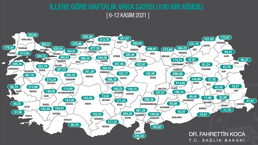 En çok vaka Tunceli, Osmaniye ve Çanakkale'de